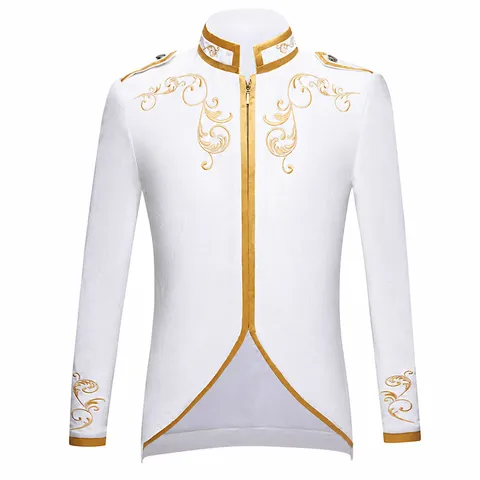Chaqueta Estilo Corte Retro Bordada para Hombre Ribete Dorado Cuello Alzado Manga Larga Cremallera Ropa para Fiesta de Actuación