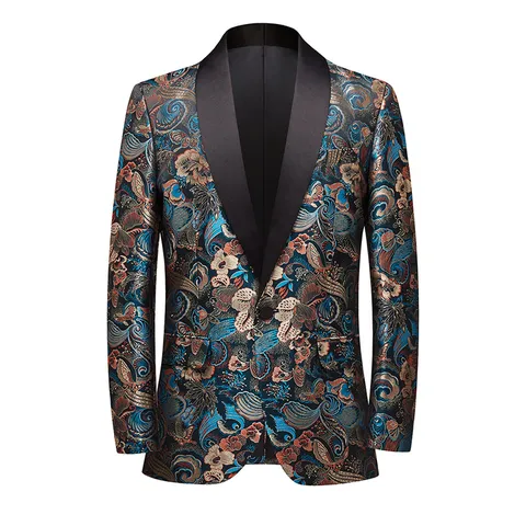Men's Vintage Jacquard Casual Blazer Jacket Slim Fit British Style Floral Paisley Print Single Button Suit Coat
