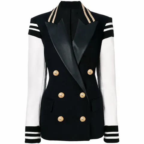 Blazer de Retazos en Blanco y Negro con Bloque de Color de Moda para Mujer Doble Botonadura Solapa Manga Larga Chaqueta Casual