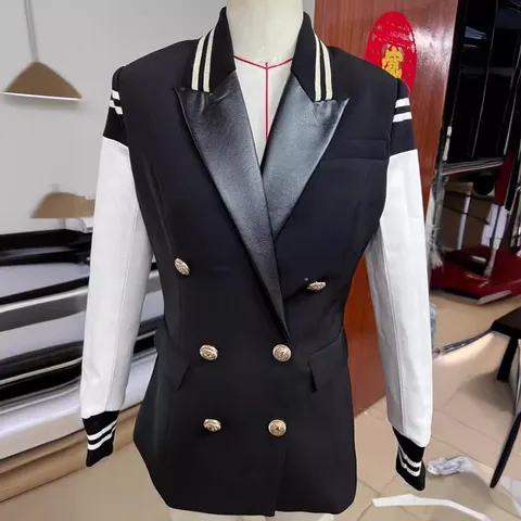 Blazer de Retazos en Blanco y Negro con Bloque de Color de Moda para Mujer Doble Botonadura Solapa Manga Larga Chaqueta Casual