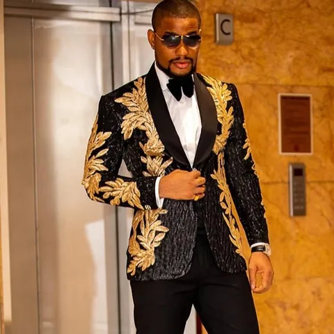 Conjunto de Traje de Lujo con Apliques de Lentejuelas para Hombre Corte Ajustado Blazer Floral y Pantalones para Cantante Escenario Fiesta