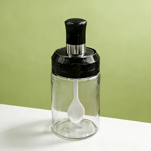 Barattolo per Spezie in Vetro Contenitore per Condimenti Trasparente Con Coperchio Cucchiaio Integrato Bottiglia di Conservazione per Cucina Moderna e Minimalista