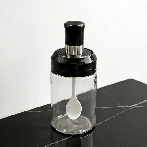 Barattolo per Spezie in Vetro Contenitore per Condimenti Trasparente Con Coperchio Cucchiaio Integrato Bottiglia di Conservazione per Cucina Moderna e Minimalista