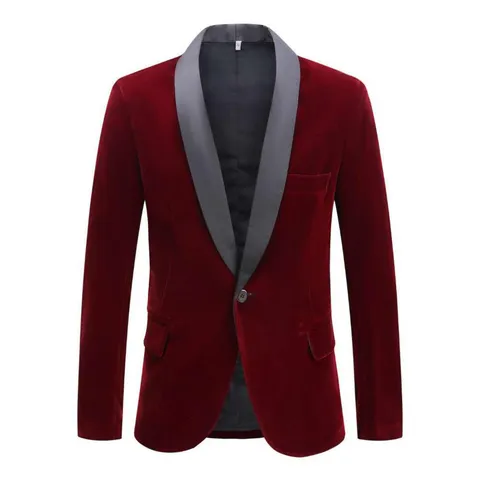 Blazer de Terciopelo para Hombre Solapa de Chal Chaqueta de Actuación para Cantante Acrílico Botón Único Slim Fit Rojo Vino Azul Esmoquin de Fiesta Novio Boda