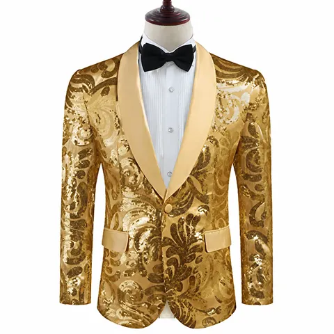 Chaqueta de Traje con Lentejuelas Brillantes para Hombre Chaqueta de Traje de Lujo con Purpurina Paisley para Actuación Escénica Banquete Boda Fiesta Gala Corte Ajustado Top de Lentejuelas