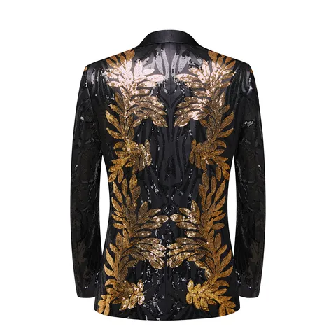 Men Sequin Blazer Jacket Glitter Floral Applique One Button Shawl Collar Suit Coat For Party Stage Performance
