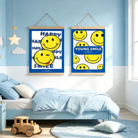Klein Blue Cartoon Yellow Smiley Face Scroll Painting Children Room Wall Art Canvas Wood Hanging Decor