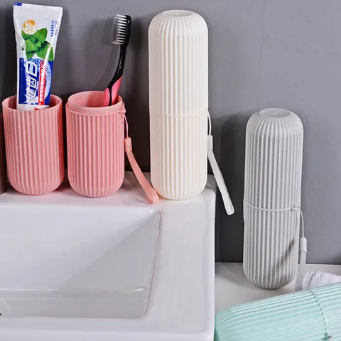 Portable Travel Toothbrush Holder Plastic Mouthwash Cup Vertical Stripe Toothbrush Storage Box Bathroom Organizer
