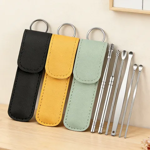 Stainless Steel Ear Pick Set Ear Wax Removal Tool Kit Metal Curette Ear Cleaner With Portable Leather Case For Daily Care