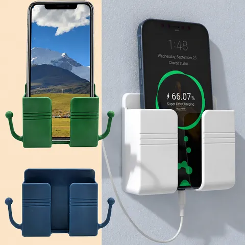 Wall Mounted Phone Charging Holder Plastic Sticky Remote Control Storage Box Punch Free Bedside Phone Stand Organizer