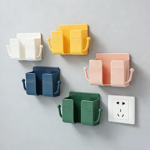 Wall Mounted Remote Control Storage Box Bedside Phone Charging Holder Punch Free Plastic Organizer Rack With Hooks