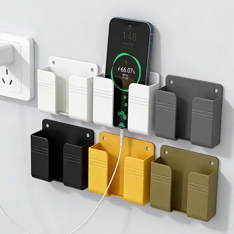 Wall Mounted Phone Charging Holder Plastic Sticky Remote Control Storage Box Punch Free Bedside Phone Stand Organizer