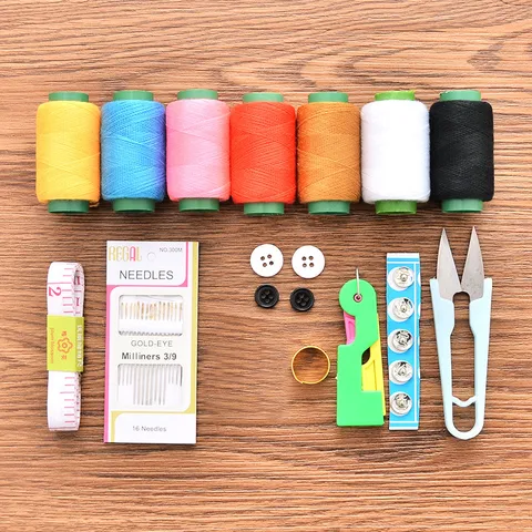 Portable Household Sewing Kit Box Plastic Storage Case With Multicolored Thread Spools Needles Scissors Measuring Tape Set
