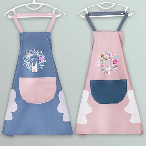 Kitchen Waterproof Oilproof Apron For Women Adult Cute Rabbit Print Bib With Pockets And Hand Wipe Towel Cooking