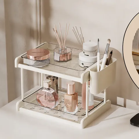 Estante de Almacenamiento de Escritorio Estilo Crema Plástico Multicapa Taza Bolsita de Té Organizador Soporte de Oficina