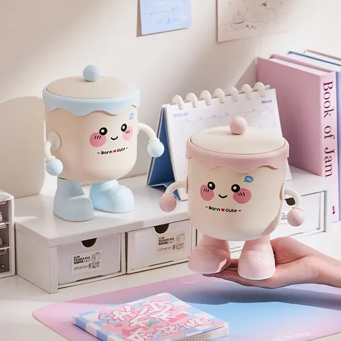 Desktop Mini Trash Can With Lid Cute Cartoon Plastic Storage Bucket Office Desk Waste Basket Small Sundries Organizer