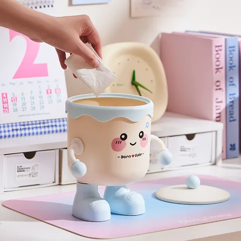 Desktop Mini Trash Can With Lid Cute Cartoon Plastic Storage Bucket Office Desk Waste Basket Small Sundries Organizer