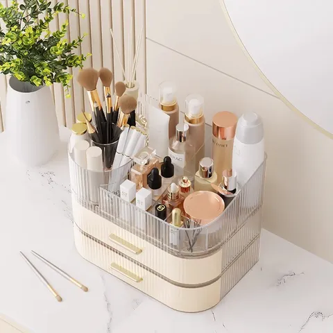 Caja de Almacenamiento Cosmético Giratoria de Acrílico Transparente Soporte para Brochas Organizador de Escritorio Multicapa para Cuidado de la Piel con Cajones