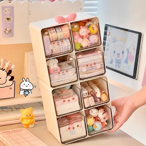 Caja de Almacenamiento de Cajón Transparente de Escritorio de Oso Lindo Organizador de Plástico Multicapa Lindo Papelería Cosmética Contenedor de Almacenamiento