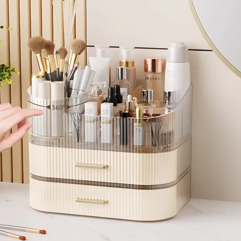 Caja de Almacenamiento Cosmético Giratoria de Acrílico Transparente Soporte para Brochas Organizador de Escritorio Multicapa para Cuidado de la Piel con Cajones