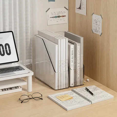Organizador de Escritorio de Plástico Transparente Gran Capacidad Caja de Almacenamiento de Libros Soporte
