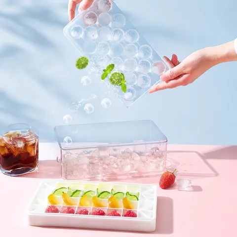 Bandeja de Hielo de Silicona para el Hogar con Tapa Caja de Almacenamiento de Hielo Molde para Hacer Hielo con Cuchara para Cocina