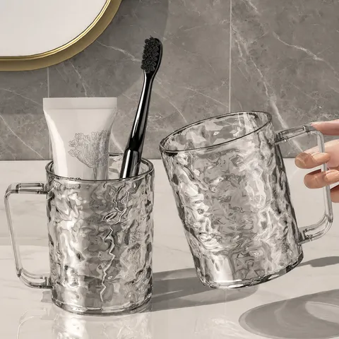 Modern Plastic Mouthwash Cup Water Ripple Toothbrush Holder Portable Bathroom Tumbler With Handle For Home Dorm