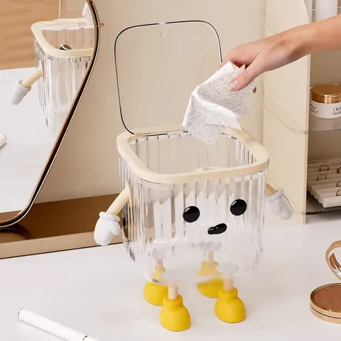 Cestino da Scrivania Trasparente Carino Scatola Portaoggetti Cartone Animato Con Coperchio e Accessori Fai da Te Per Stanza Studente