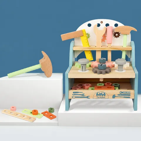 Wooden Simulation Tool Bench Kids Pretend Play Repair Tool Set Educational Toy With Screws Gears Hammer For Boys