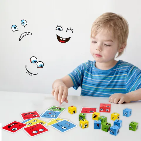 Cubo Mágico de Cambio de Cara de Madera Rompecabezas Bloques de Construcción Educativos Juego Interactivo de Pensamiento Lógico para Niños