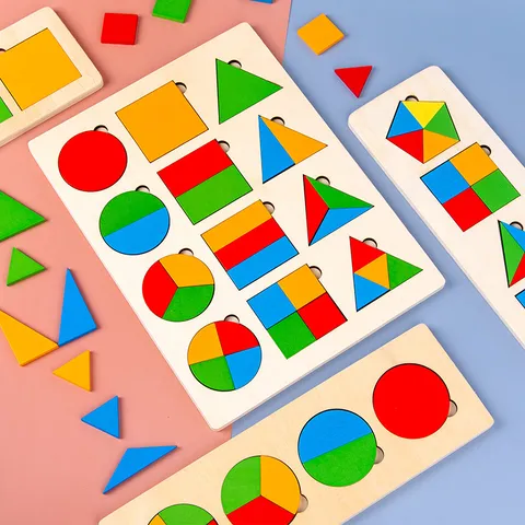 Wooden Montessori Geometric Shape Fractional Board Puzzle Early Education Inlay Board Kindergarten Baby Educational Toy