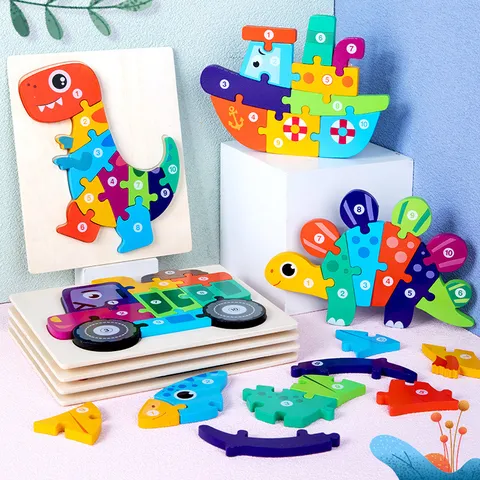 Jouet Puzzle 3D en Bois pour Enfants Modèle de Dinosaure et Transport de Dessin Animé Apprentissage Éducatif Numéro Puzzle Cadeau