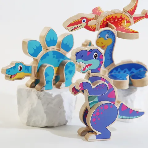 Blocs de Construction de Dinosaures en Bois Puzzle 3D Jouet Éducatif Créatif Fait Main Épissage d'Animaux Montessori Jouet Pour Enfants