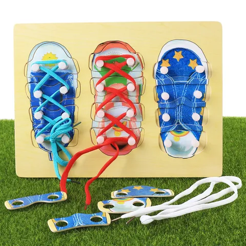 Planche d'Entraînement au Laçage de Chaussures Montessori en Bois Jouet d'Éducation Précoce Puzzle d'Apprentissage pour Tout-Petits