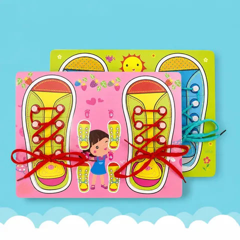 Planche d'Entraînement au Laçage de Chaussures Montessori en Bois Jouet d'Éducation Précoce Puzzle d'Apprentissage pour Tout-Petits