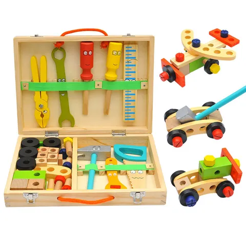 Kids Wooden Cartoon Maintenance Tool Box Educational Pretend Play Nut Disassembly Combination Toy Set for Boys