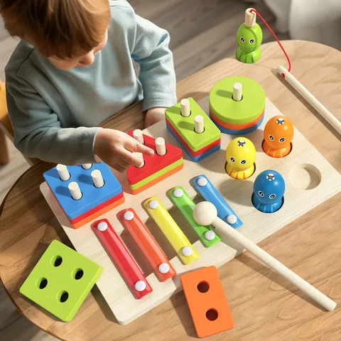 Kids Montessori Educational Wooden Toy Three in One Shape Sorting Matching Pillar Fishing Game Xylophone Toddler Toy