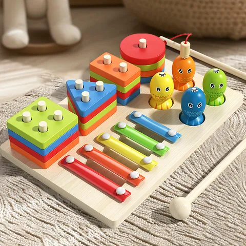 Kids Montessori Educational Wooden Toy Three in One Shape Sorting Matching Pillar Fishing Game Xylophone Toddler Toy