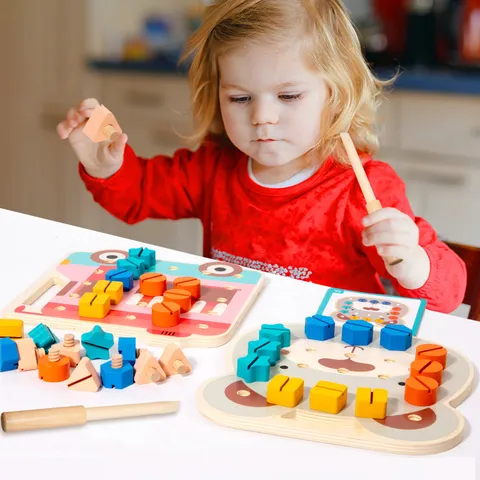 Wooden Educational Shape Color Sorting Matching Screw Nuts Assembling Building Blocks Toy For Toddlers Kids Gift