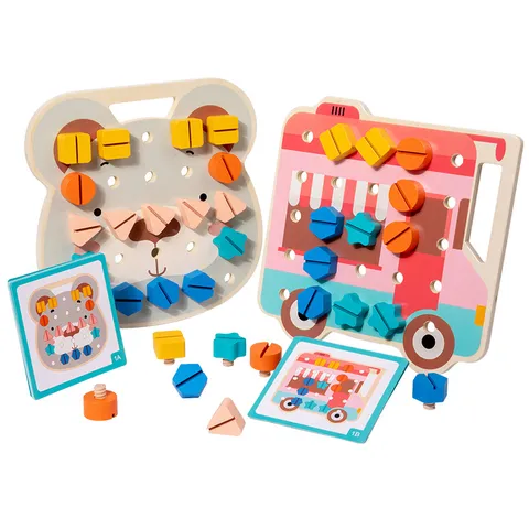 Wooden Educational Shape Color Sorting Matching Screw Nuts Assembling Building Blocks Toy For Toddlers Kids Gift
