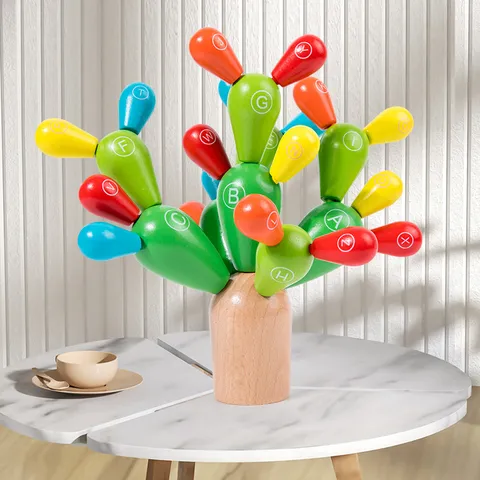 Wooden Letter Cactus Balancing Stacking Blocks Educational Toy For Kids Montessori DIY Learning Puzzle Game