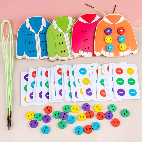 Montessori Wooden Dress Button Sewing Lacing Toy Fine Motor Skills Training Early Educational Toy For Kids