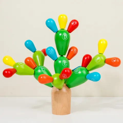 Wooden Letter Cactus Balancing Stacking Blocks Educational Toy For Kids Montessori DIY Learning Puzzle Game