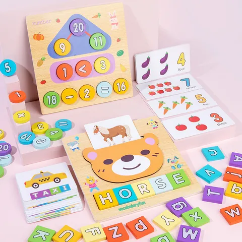 Wooden Educational Montessori Toy Digital Clock And Letter Spelling Board Preschool Learning Math Counting Cognitive Toy For Kids