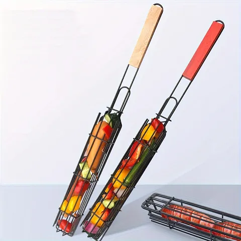 Stainless Steel BBQ Grill Basket with Wooden Handle Portable Outdoor Camping Picnic Meat Vegetable Barbecue Mesh Rack