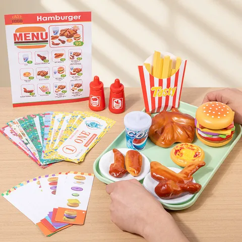 Wooden Pretend Play Kitchen Food Toys Simulation Fast Food Fried Chicken Burger Set Educational Interactive Toy