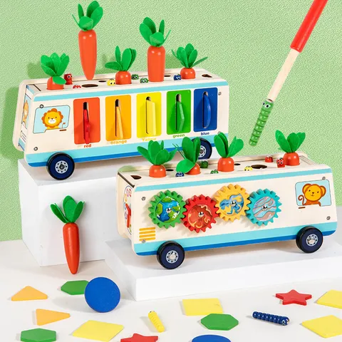 Wooden Multifunctional Educational Toy Car Shape Color Sorting Carrot Pulling Smart Intelligence Truck For Kids