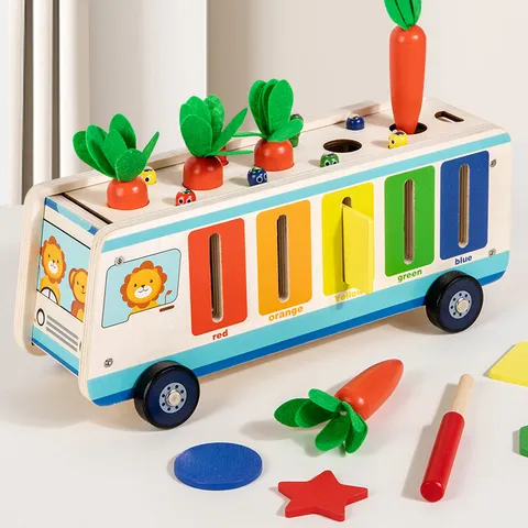 Wooden Multifunctional Educational Toy Car Shape Color Sorting Carrot Pulling Smart Intelligence Truck For Kids