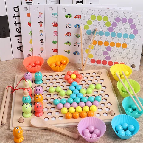 Wooden Educational Montessori Toy Magnetic Fishing Clip Beads And Memory Chess Game Kids Early Learning Brain Training Toy