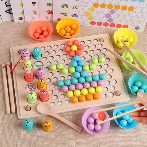 Wooden Educational Montessori Toy Magnetic Fishing Clip Beads And Memory Chess Game Kids Early Learning Brain Training Toy